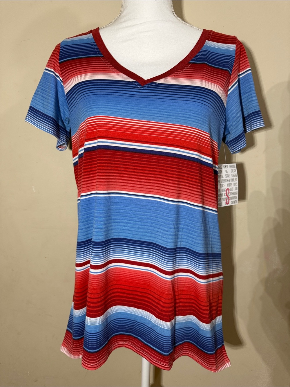 LuLaRoe Christy T Red & Blue Striped V-Neck Tee Size Small